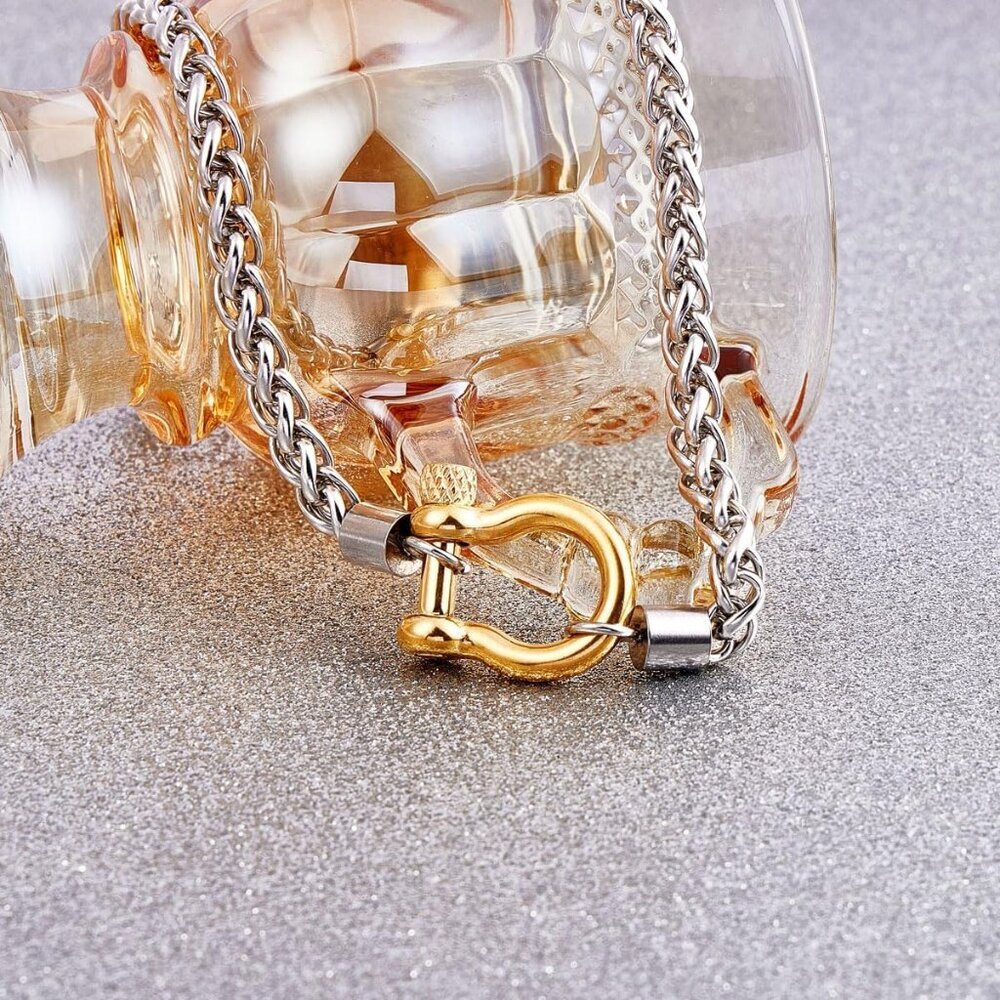 Heavy Screw Anchor Shackle Wheat Chain Necklace for Women, 18.5 inch Gold/Silver - Picture 3 of 6